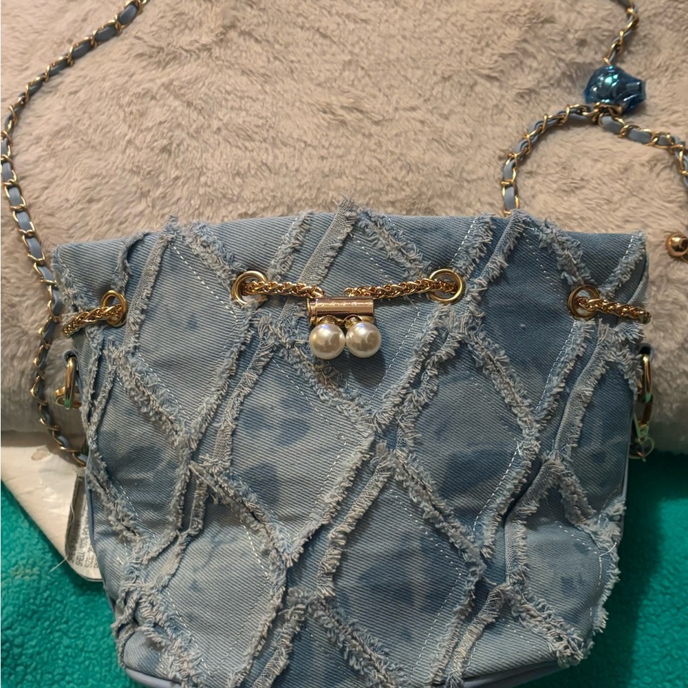 Denim Blue Textured Crossbody Bag with Gold Chain